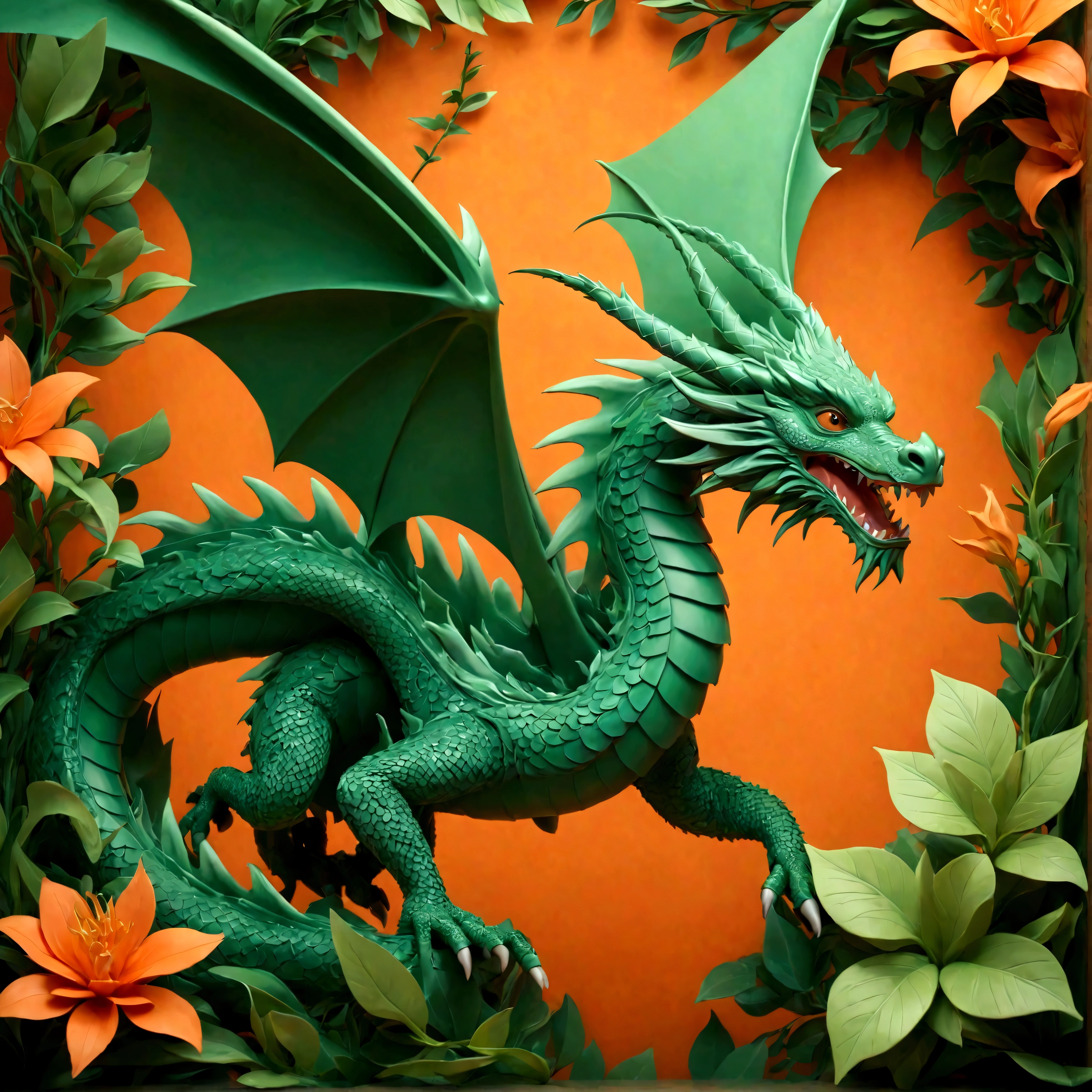 abstract 3D shape flying Dragon, foliage and flowers incorporated, light emitting, green and orange background