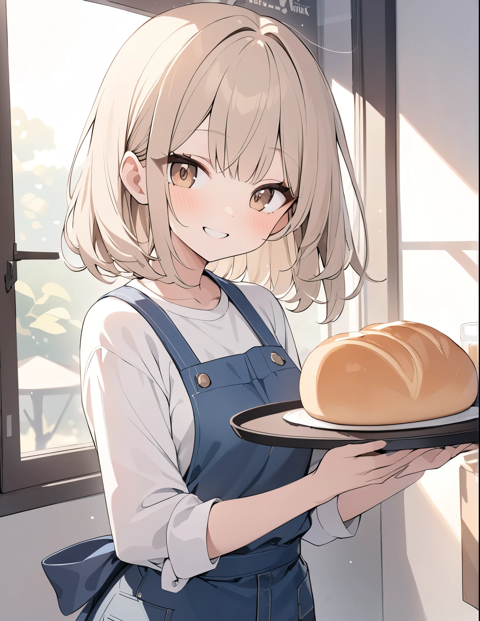 ((pale colour)),35mm, f/1.2, UHD, high details, best quality, highres, masterpiece、Light brown hair、Shortcuts、Bakery girl、whole body、cute、smile、Light pours in through the window、Holding a tray with bread on it、White shirt、jeans、Blue Apron、20th Generation、Brown eyes、hairpin