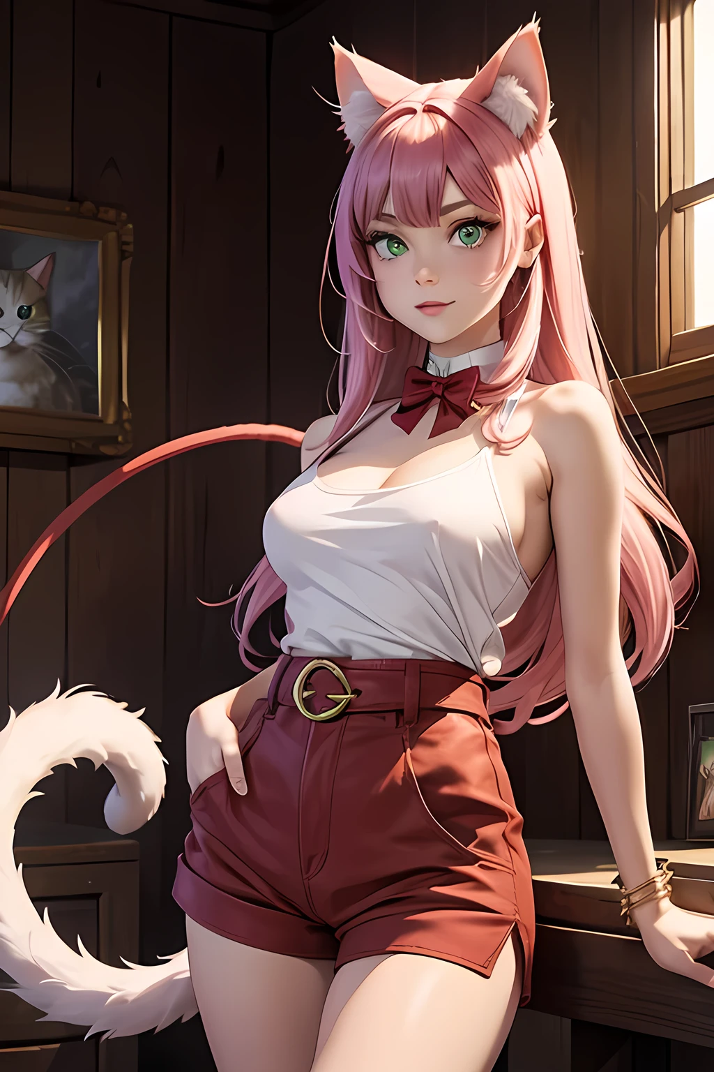 A female demon, half cat, half human, 36 years old, purple and green eyes, red and white fur all over, has a very long tail, red tail with white tips, tail wrapped around her waist, wears fashionable clothes, shorts, has Golden bell at the end Tail, cat face, long fangs, cat whiskers on cheeks, 4K, realistic picture, soft light