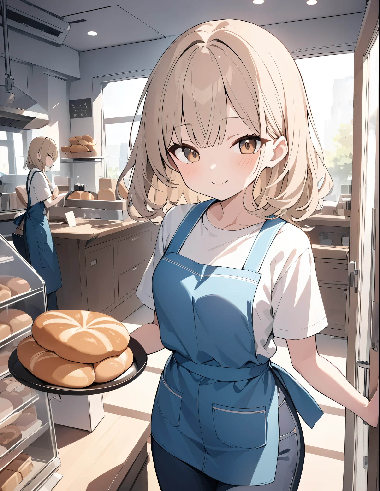 ((pale colour)),35mm, f/1.2, UHD, high details, best quality, highres, masterpiece、Light brown hair、Shortcuts、Bakery girl、whole body、cute、smile、Light pours in through the window、Holding a tray with bread on it、White shirt、jeans、Blue Apron、20th Generation、Brown eyes、hairpin
