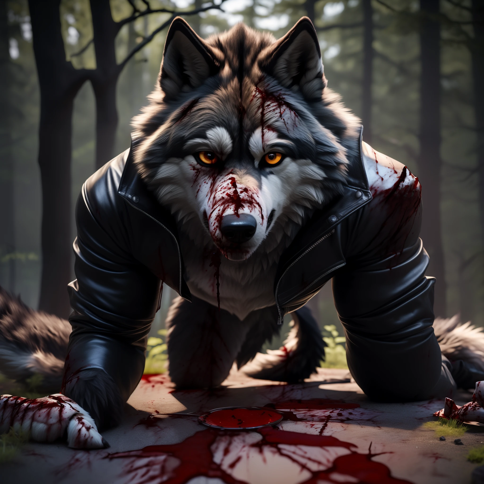 On all fours, Male, 30 years old, scared expression, black leather jacket, anthro, wolf ears, (black fur:1.5), wolf, forest background, 8k, hi res, (best quality, masterpiece), (wolf tail:1.5), detailed fur, (blood on fur:2),