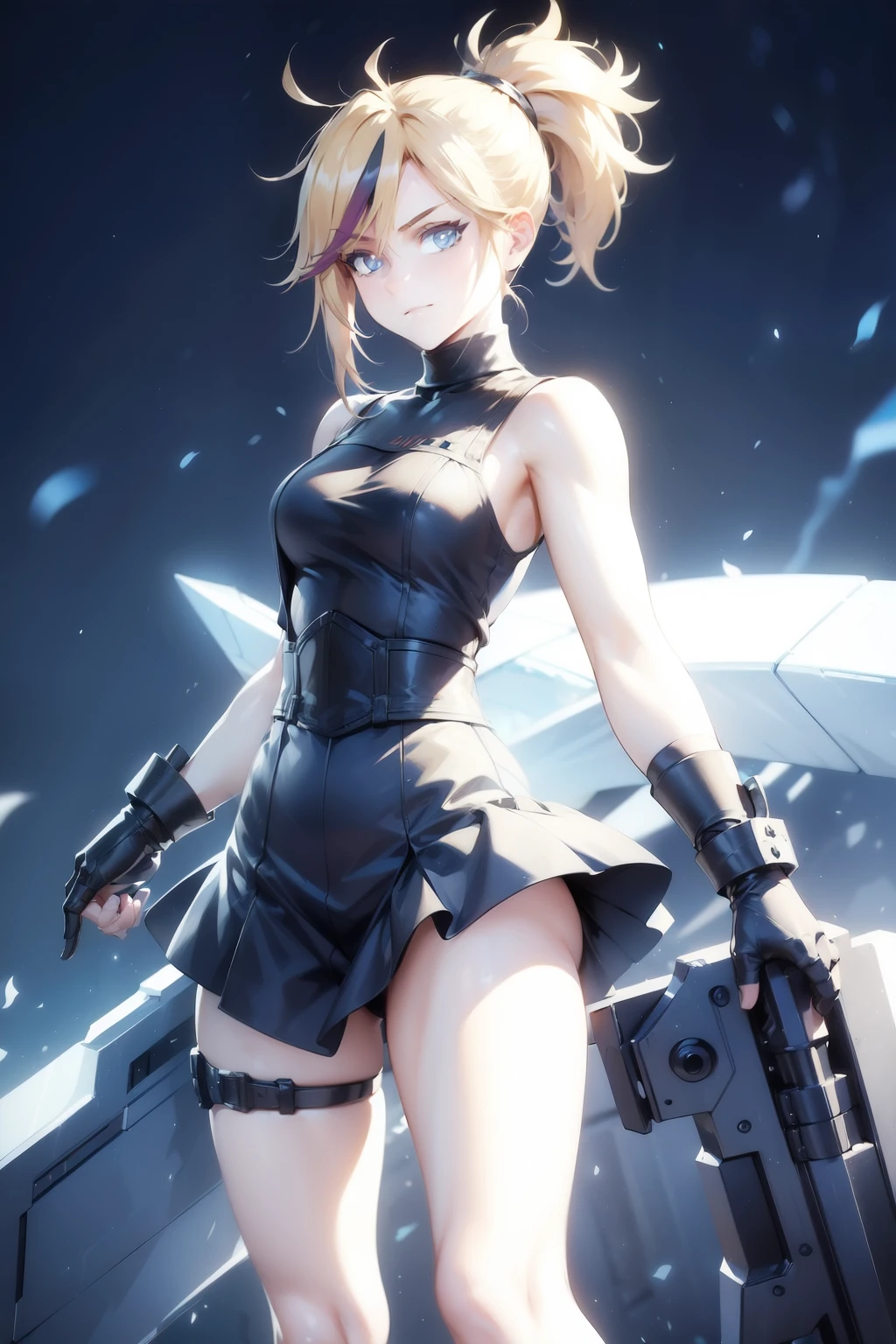 (masterpiece, best quality:1.2), Blue  glowing eyes, perfect face, highres, 1 girl, solo, ultra long ponytail, (female:1.5), strife, blonde hair, shoulder armor, sleeveless turtleneck, suspenders, belt, gloves, bracer, evil smile, standing, portrait, looking at viewer, giant sword on the back