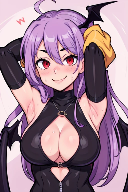 masterpiece, best quality, looking at viewer, upper body, portrait, looking at viewer, seductive smile, put your hands behind your head, armpits, armpits visible, sweaty armpits,mythia batford, large breasts, long purple hair, red eyes,metalica outfit, turtleneck, sleeveless, cleavage, beach backround, bat wings on head