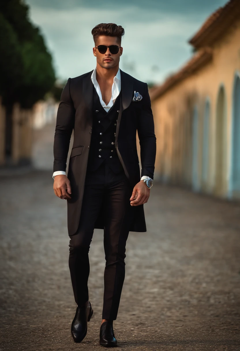 fotografia, masculine perfection, queixo forte, fleshy lips, nariz romano, cabelo loiro curto, hazel eyes, hiper-realista, 8k-v4 . Moda moderna alta costura fashion futurista. Roupa preta moderna