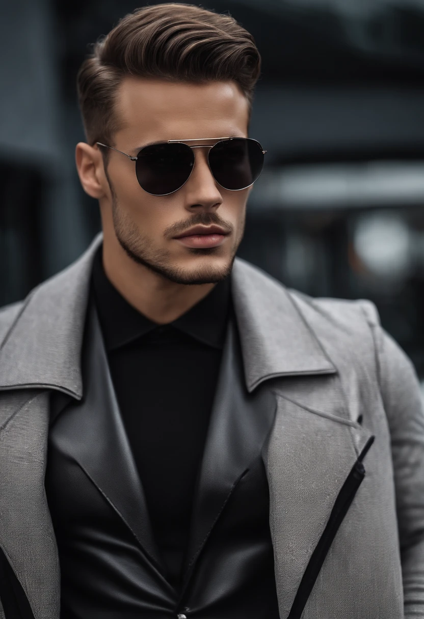 fotografia, masculine perfection, queixo forte, fleshy lips, nariz romano, cabelo loiro curto, hazel eyes, hiper-realista, 8k-v4 . Moda moderna alta costura fashion futurista. Roupa preta moderna