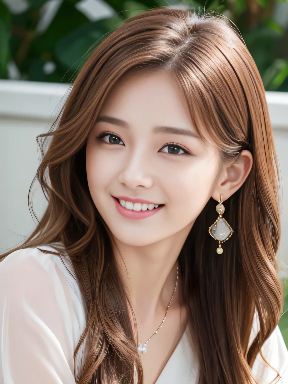 Ultra-high resolution, Superior Quality, highest quality, Very detailed, Realistic, 8k, RAW Photos, highest quality, masterpiece, Attractive girl, Awesome girl, Light brown hair、Wavy Hair、 hairstyle semi long, Japanese Idols, Ear piercing、Necklace around the neck、blouse、smile、Beautiful teeth alignment、