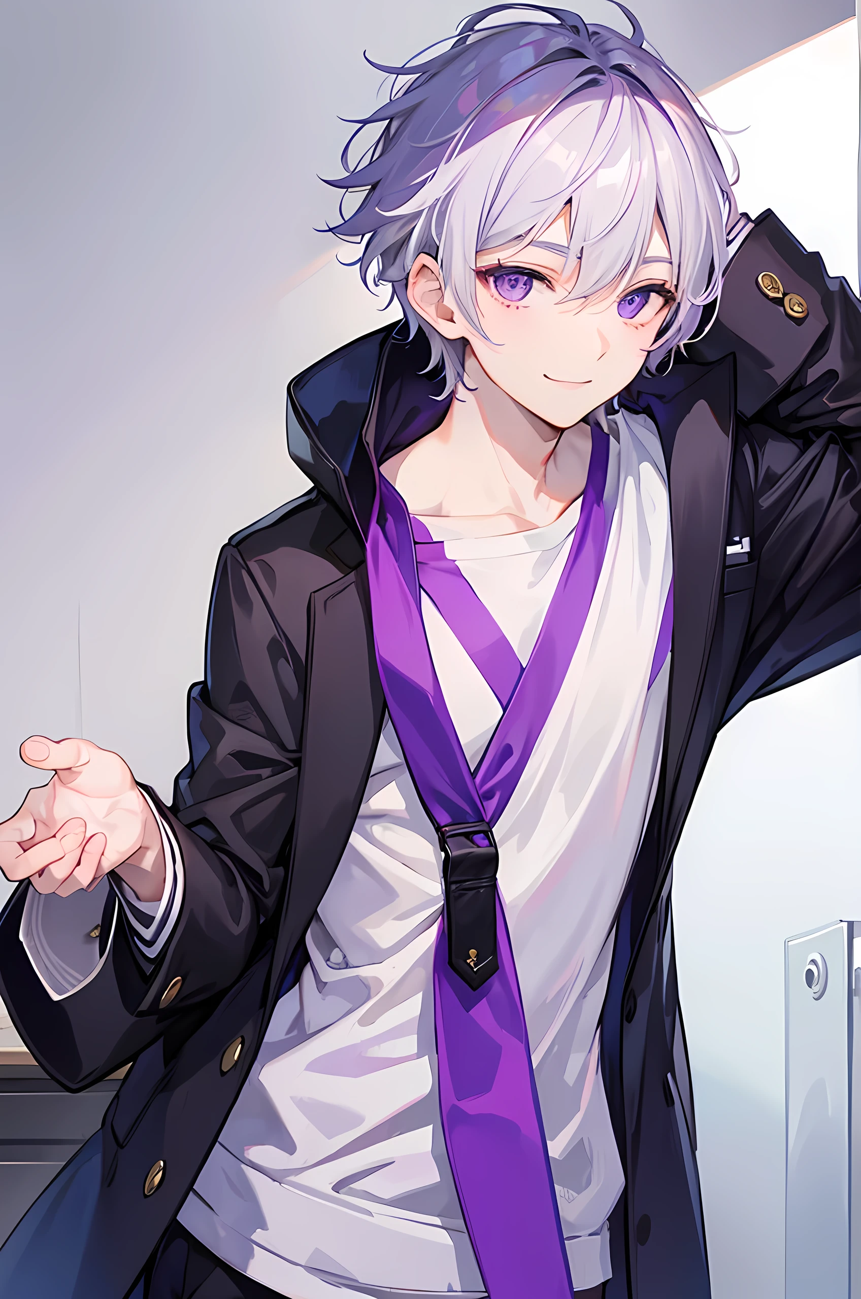Young man, grey short hair, purple eyes, smile face, modern, handsome man