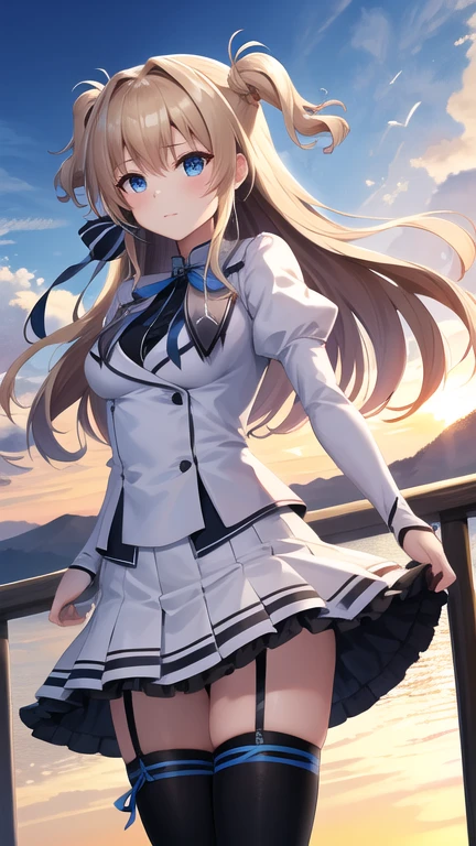 masterpiece, best quality, highres, 1girl, solo, long hair, blonde hair, two side up, (hair ribbon:1.1), blue eyes, neck ribbon, , white jacket, juliet sleeves, long sleeves, white skirt, thigh ribbon, black thighhighs, outdoors, cowboy shot, standing,