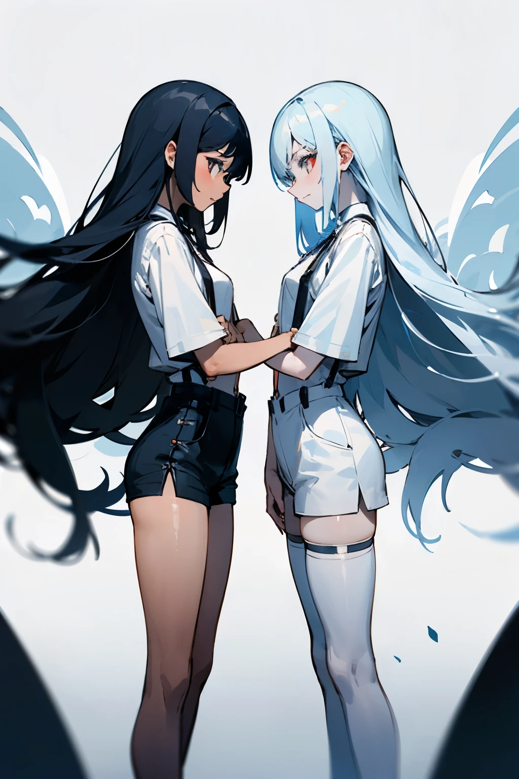 In two parallel and identical universes，There are two identical women living。One of them is called 1，One is called 2。Their appearance、height、figure，Even every subtle gesture、The personality and actions are exactly the same。However，The only difference between them is the skin color and the clothes - 1 has black skin，Wearing black suspenders、Tight shorts and；And 2 have white skin，Wearing white same clothes。
