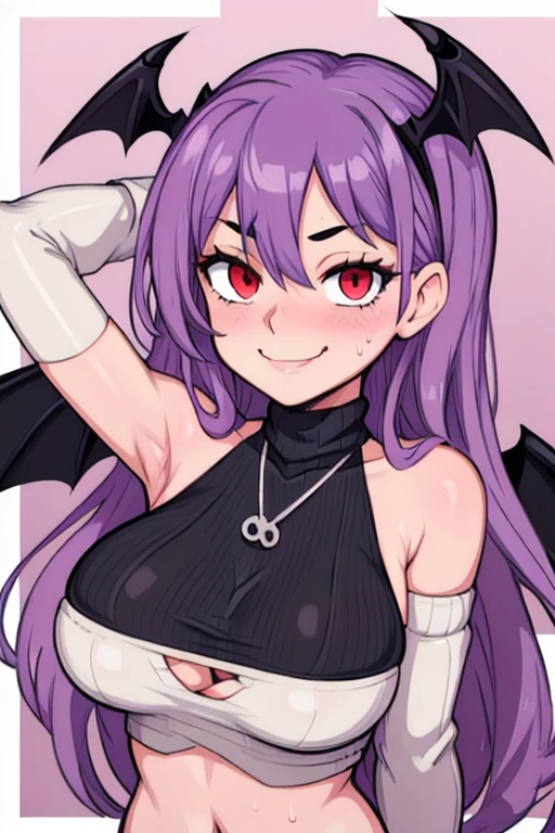 masterpiece, best quality, looking at viewer, upper body, portrait, looking at viewer, seductive smile, put your hands behind your head, armpits, armpits visible, sweaty armpits,mythia batford, large breasts, long purple hair, red eyes,metalica outfit, turtleneck, sleeveless, cleavage, beach backround, bat wings on head, wearing black sleeve