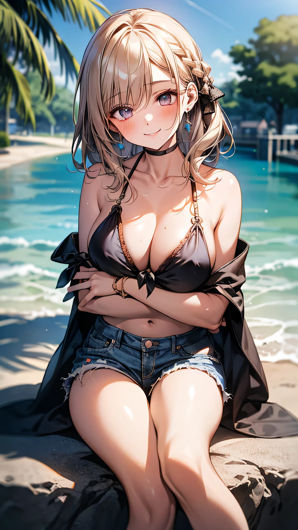 (Best quality, 8k, 32k, Masterpiece, UHD,:1.2),RAW, 1girl,ultra cute , natural lighting,transparent shining eyes, 20yo,medium breast ,fair complexion ,flushed face,ultra high res, Mesh Boho Chic Festival Outfit, For a bohemian-inspired look perfect for summer parties, start with a sheer mesh bikini in a neutral color like nude, Pair it with high-waisted denim shorts embellished with fringe or lace details for a touch of texture, Layer the top with a lightweight crochet vest or kimono for added coverage and boho flair,happy smiling, Hugging own Legs, at summer party, side braid