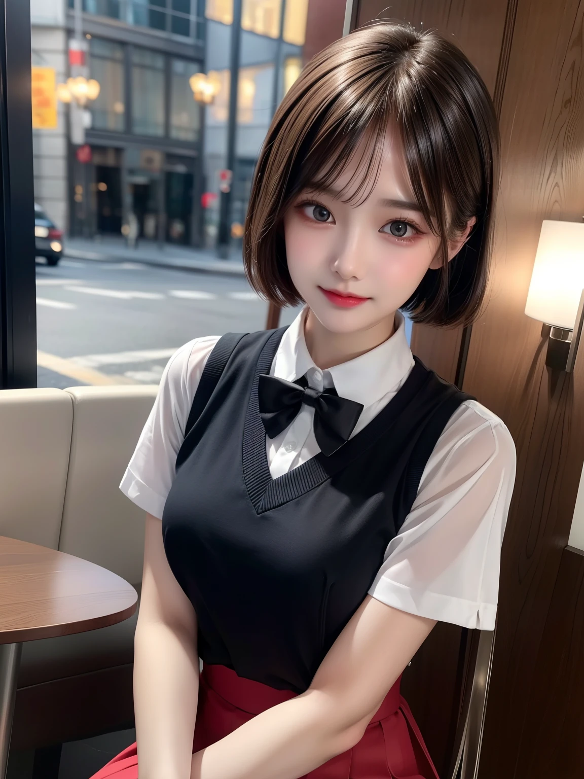 (8k, RAW photo, best quality, masterpiece:1.2), (realistic, photo-realistic:1.37), ultra-detailed,
1 girl,cute, solo,beautiful detailed sky,detailed cafe,night,sitting,dating,(nose blush),(smile:1.1),(closed mouth),large breasts, seductive smile, large aparture, professional lighting, Sony A7R4, Zessie 50mm F1.8,
medium breasts,beautiful detailed eyes,(collared shirt:1.1), bowtie,pleated skirt,(short hair:1.2),floating hair
