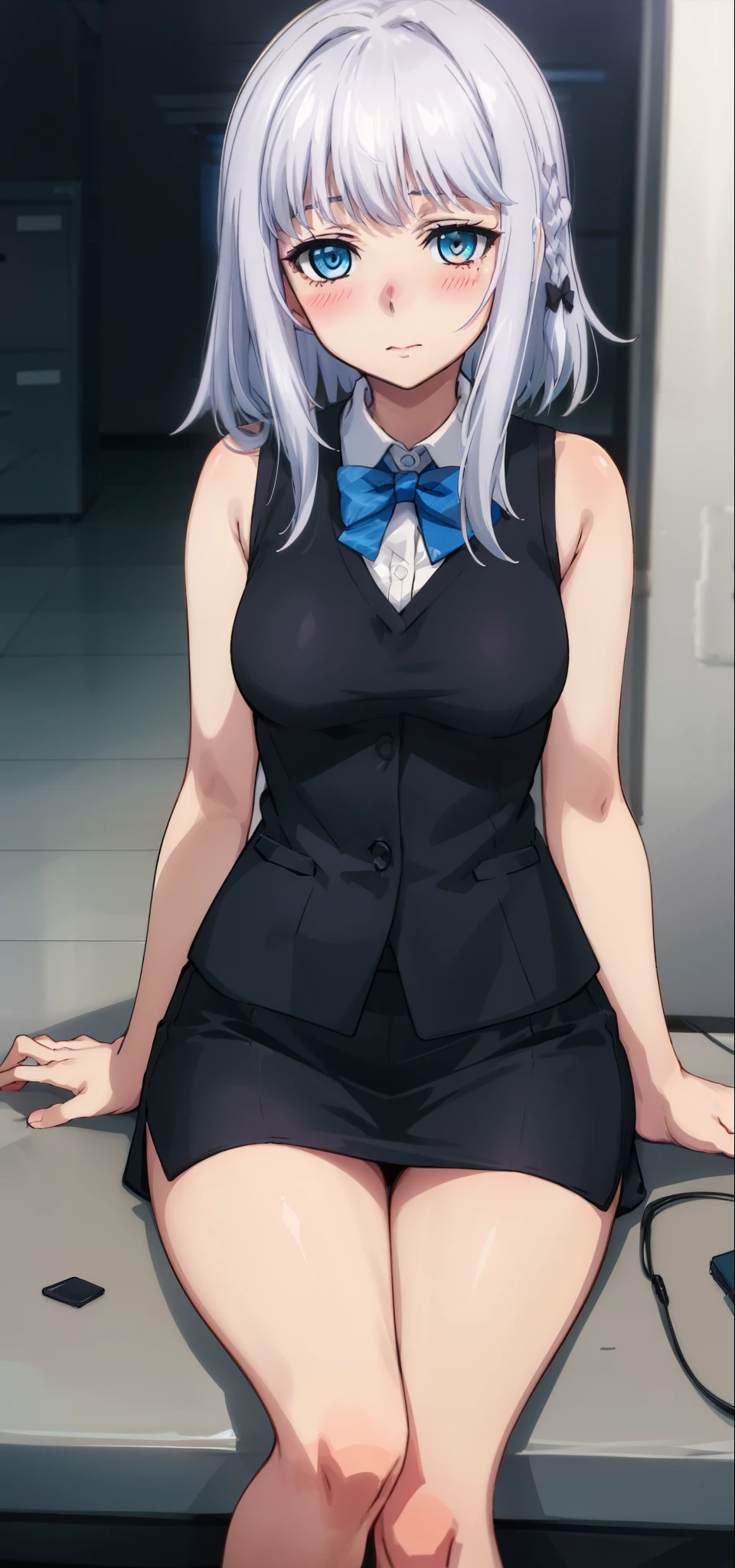 1 girl, kanon kanase,  , blush, medium breasts, sleeveless, office clothes, office outfit, sitting, lady, dominant girl. 