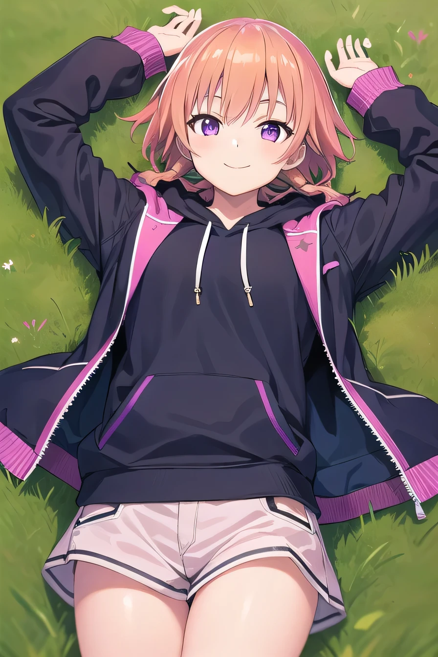 ninomiya asuka,
masterpiece, best quality, ultra-detailed,highres,
solo,1girl,
orange hair,long hair,bangs,twin braids,pink hair,purple eyes,black jacket,open jacket,hoodie,white short, solo, (cowboy shot:1.5), lying, on back, spread arms, on grass, smile, closed mouths,