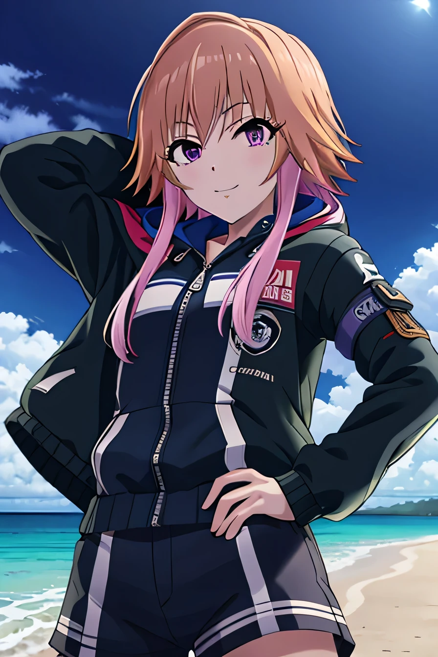ninomiya asuka, masterpiece, best quality, ultra-detailed, solo,1girl, orange hair,long hair,bangs,twin braids,pink hair,purple eyes,black jacket,open jacket,hoodie,white short, (cowboy shot:1.5), beach, night sky, arm behind head, spread, hand on hip, armpits, contrapposto, smile, closed mouth, looking at viewer,