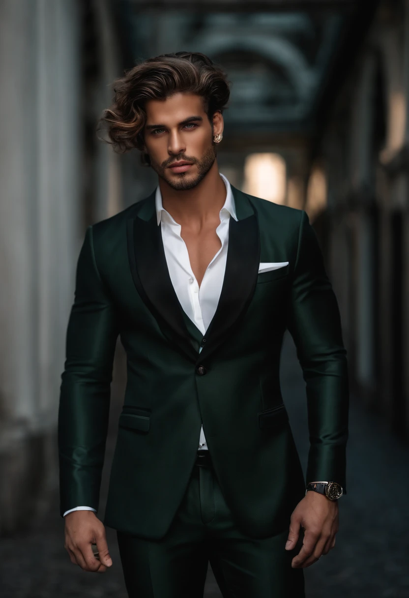 fotografia, masculine perfection, queixo forte, fleshy lips, nariz romano, cabelo loiro curto, hazel eyes, hiper-realista, 8k-v4 . Moda moderna alta costura fashion futurista. Roupa preta moderna