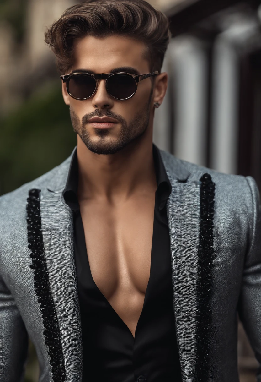 fotografia, masculine perfection, queixo forte, fleshy lips, nariz romano, cabelo loiro curto, hazel eyes, hiper-realista, 8k-v4 . Moda moderna alta costura fashion futurista. Roupa preta moderna