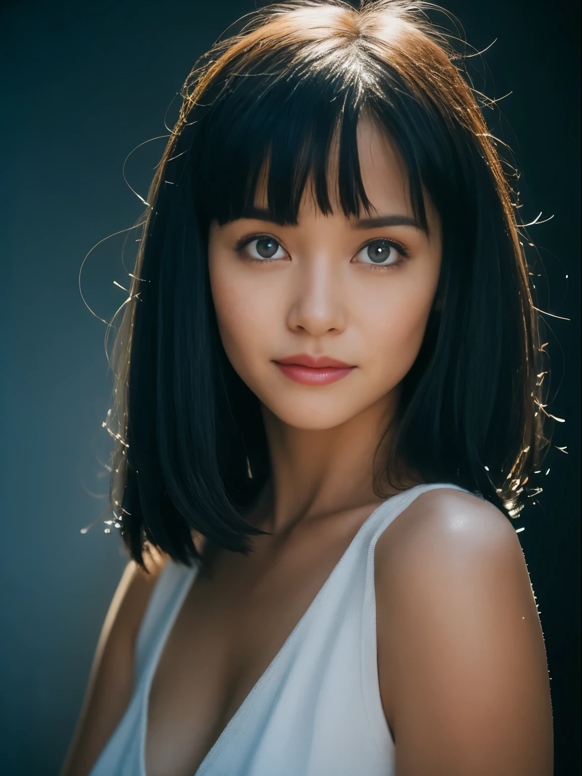 27 years old, hermosa linda chica americana, sonrisa mostrando los dientes, pecas, (piel oscura:1.5), (platinum blue largo bangs hair:1.4), (Gigi Hadid:1.1), (naughty girl makeup:1.1), (El FW), 1mujer, Solo, 24 years, cuerpo de 7 cabezas, (cute rostro), (ideal proportion body proportions), usando sudor, El disfraz es transparente, wet, sonrisa sonriente, cabello corto, pelo oscuro, , un delgado, small buttocks, piernas de belleza, piernas flacas, surrealism, lightning cinematográfica, profundidad de campos, Punto de vista unipersonal, F/1.8, 135mm, nffsw, mesa, preciso, ((anatomically correct)), piel texturizada, Super detail, detalles altos, High calidad, premiado, (obra maestra), animado, (foto_(medio):1.0), by Antonio J. Manzanedo, por Jeremy Lipking, 1 chica, lightning, en un paisaje surrealista, estilo de pintura con acuarela, Pinceladas, desabrochado, ojos naranjas, cola de caballo, cabello rosado, ciberpunk, ropa japonesa