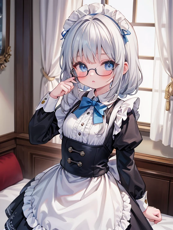 masterpiece, highest quality, Very detailed, 16k, Ultra-high resolution, cut in, 9-year-old girl, blue eyes, Glasses, Silver Hair, Long Hair, Braid, Black maid outfit