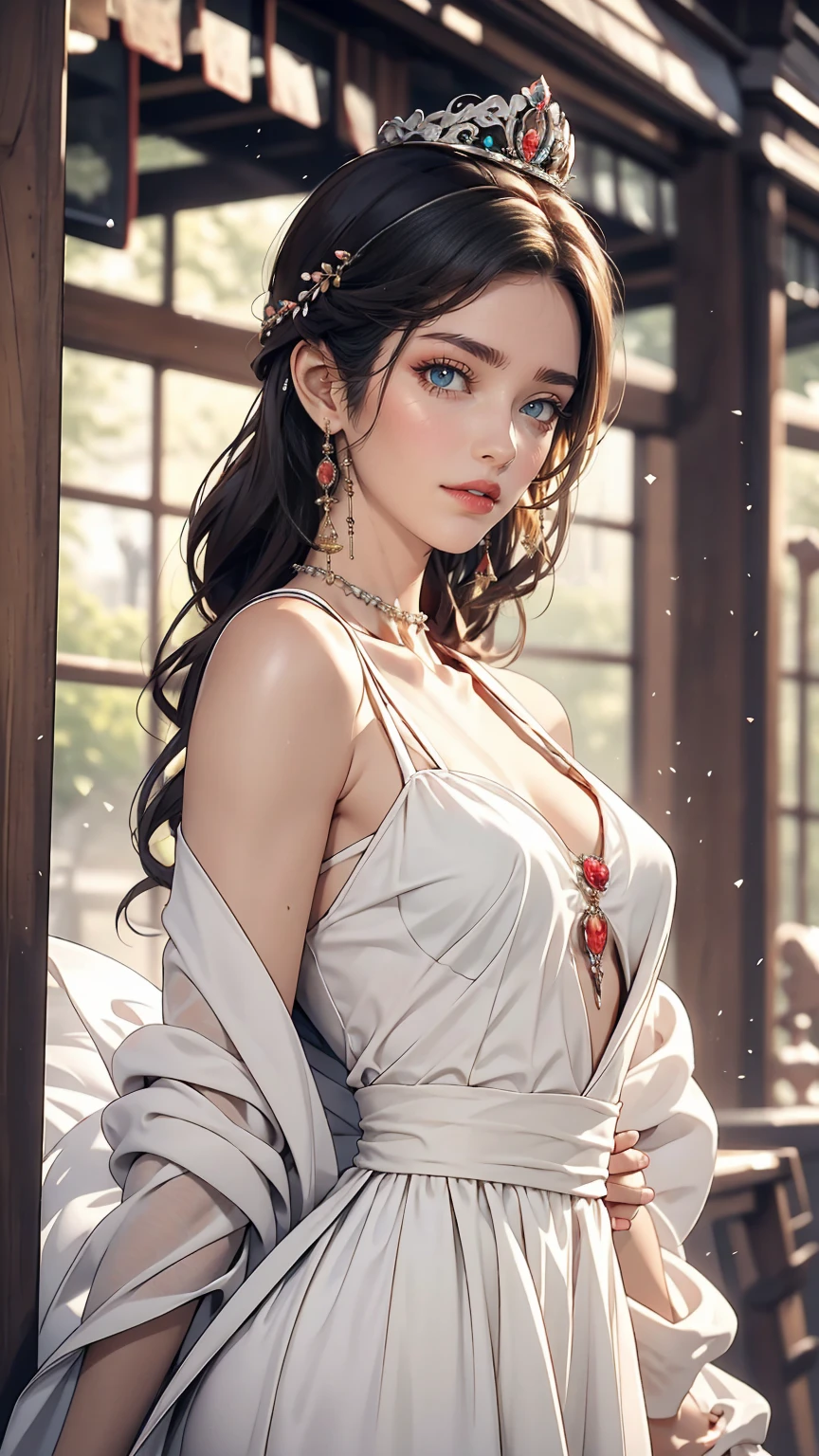 20 year old woman in Ukrainian sexy costume Corolla wreath wearing wreath on head Blue eyes River and blue sky in background Afternoon light sunset realistic illustration, semi nude