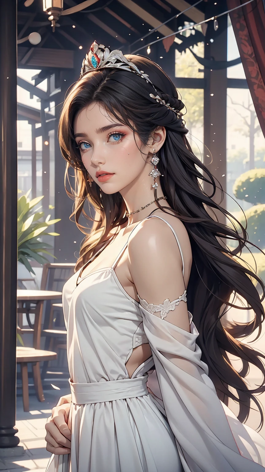 Beautiful young princess with black hair and blue eyes, She is wearing a beautiful long white dress
