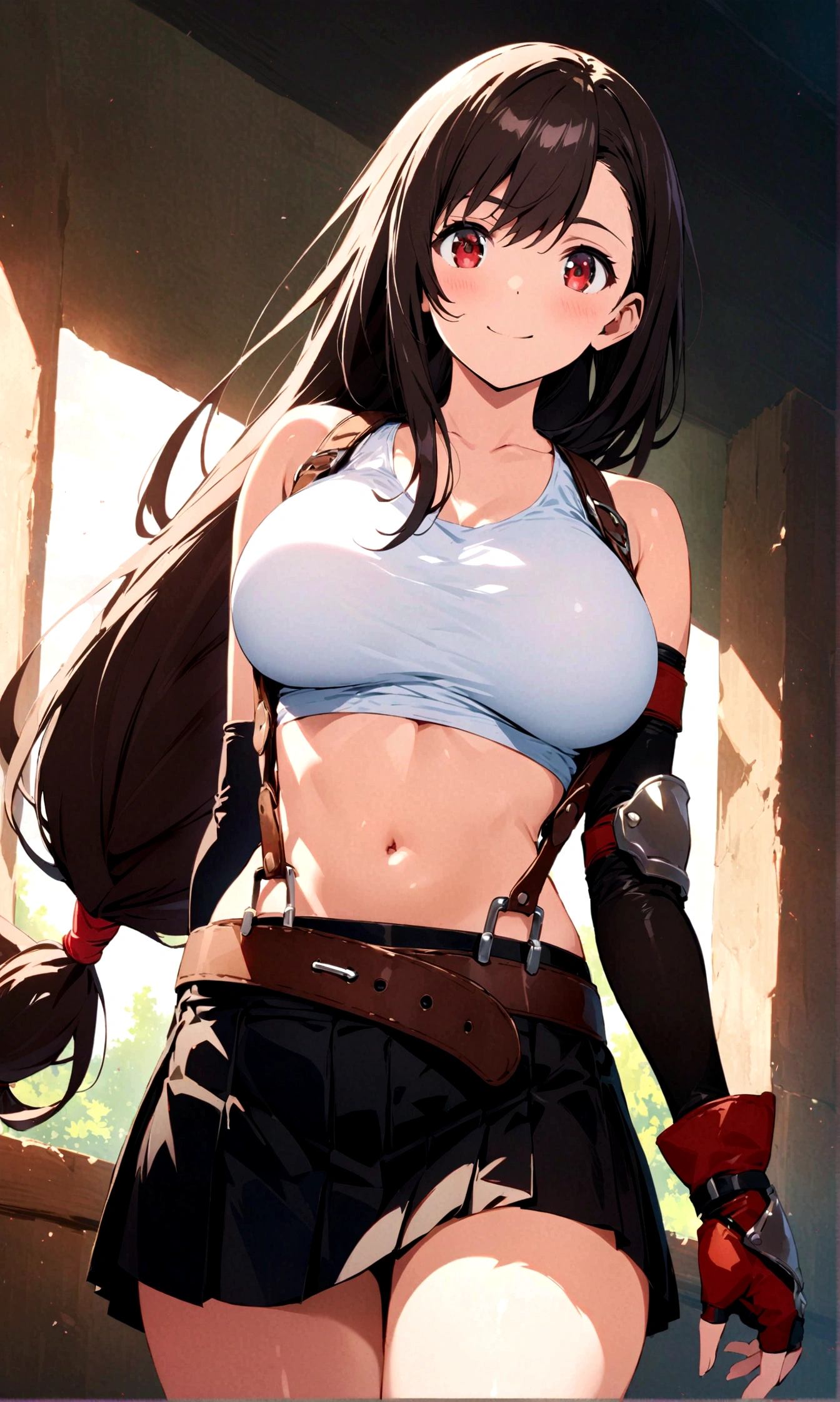 score_9, score_8_up, score_7_up,4k, ,BREAK , (from front,medium angle),standing,straight-on,,(upperbody),looking_at_viewer ,1girl, tifa lockhart, final fantasy, tareme,black hair, low-tied long hair, red eyes, bangs, white tank top, belt, pleated skirt, thighhighs, elbow fingerless gloves, elbow pads, midriff, navel,suspender skirt, ,big_breasts,() ,,(light smile),shiny skin,(Curvy waist), ,Solo,,(daytime and beachside,), ,,,detailed skin,,((best quality)),,(aesthetic,very aesthetic),(beautifulbody),(UHD),anime,anime style, key visual,, highly detailed,sharp focus,depth of field,,professional lighting,cinematic lighting,shirtlift