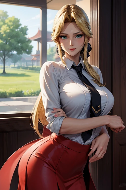 Her bright red lips accentuate her large breasts.,Big Ass,Narrow waist,長い脚Anime Style,Green eyes and a lazy smile,写真のためにポーズをとる学生blazer３５Old green tie, blazer, Blonde woman in a pleated skirt, アニメのArt Styleアニメの女の子のレンダリング, Smooth anime art, Anime Style, Art Style, Young Anime Girl, Great painting, Anime Style, Beautiful Anime, アニメArt Style, character, アニメGreen eyes and a lazy smile,Photo poses Photo poses