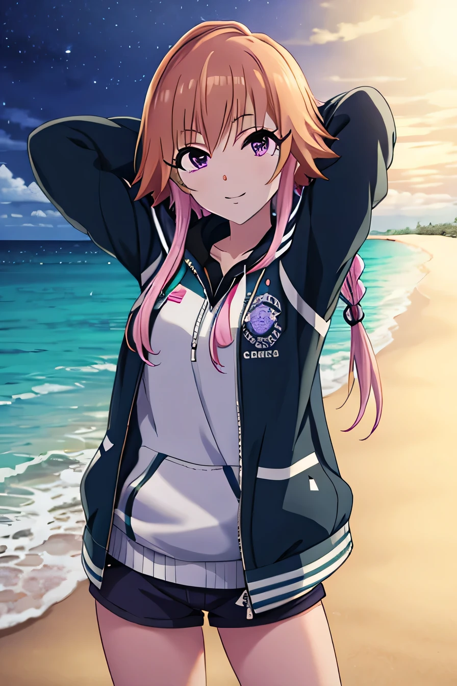 ninomiya asuka, masterpiece, best quality, ultra-detailed, solo,1girl, orange hair,long hair,bangs,twin braids,pink hair,purple eyes,black jacket,open jacket,hoodie,white short, (cowboy shot:1.5), beach, night sky, arms behind head, spread armpits, contrapposto, smile, closed mouth, looking at viewer,