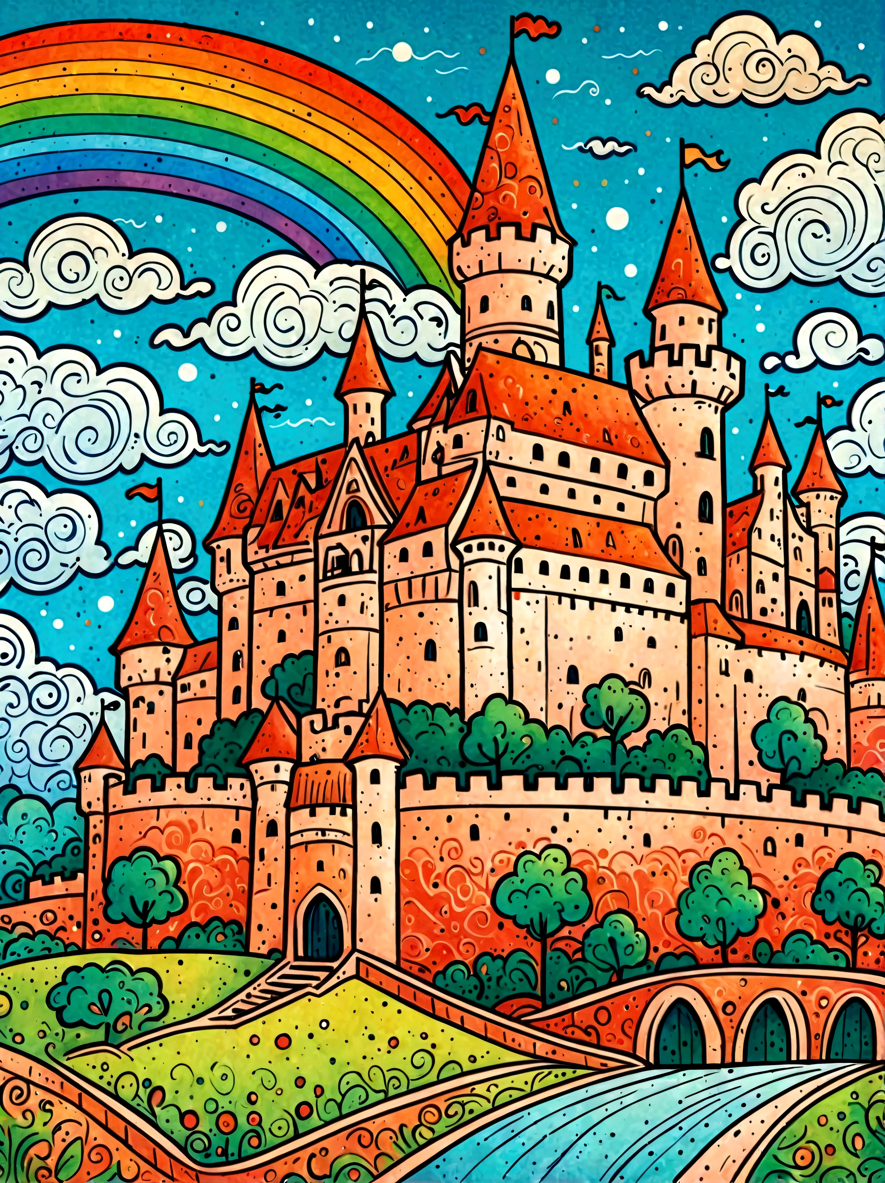 Cartoon hand drawn, A colorful castle，Clean background，Blue sky and white clouds，Dopamine Color，The background is a rainbow，Colourful, Bright blue and green square walls, The color palette is in red, orange and black tones and has a sketchy style, The background should have a simple hand-drawn doodle pattern