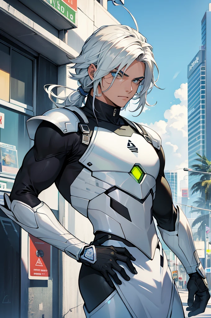 Um homem de cabelo branco,olhos amarelos,armadura Android bem moderna  ,voando sobre uma cidade futurista 