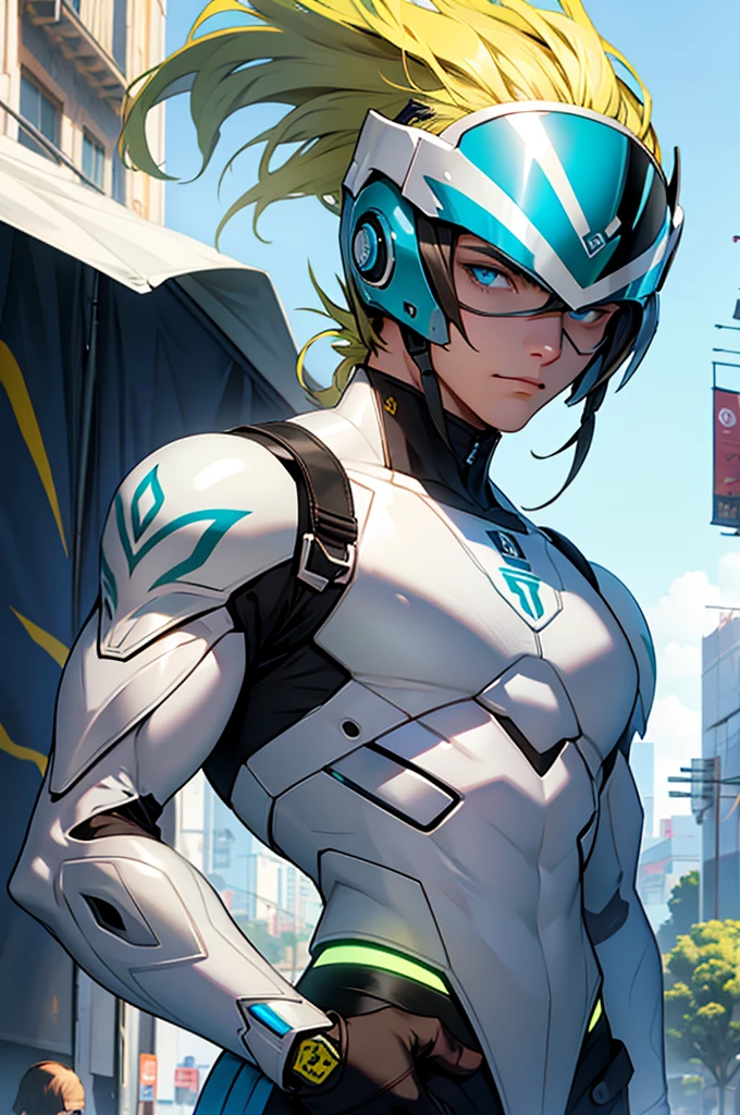 Um homem de cabelo branco,olhos amarelos,armadura Android bem moderna ,voando sobre uma cidade futurista