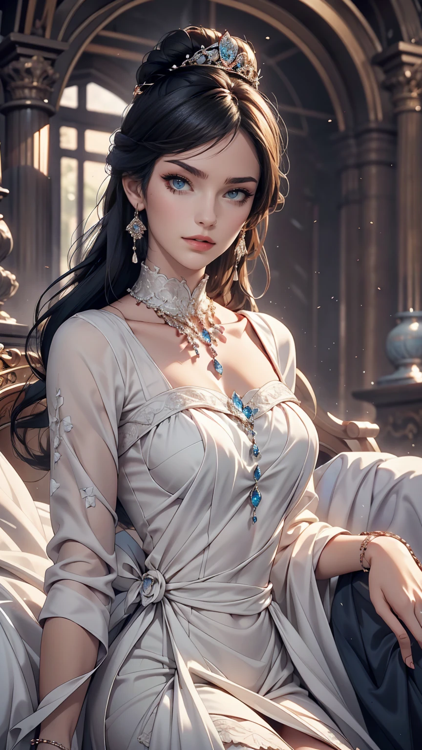 Beautiful young princess with black hair and blue eyes, She is wearing a beautiful long white dress