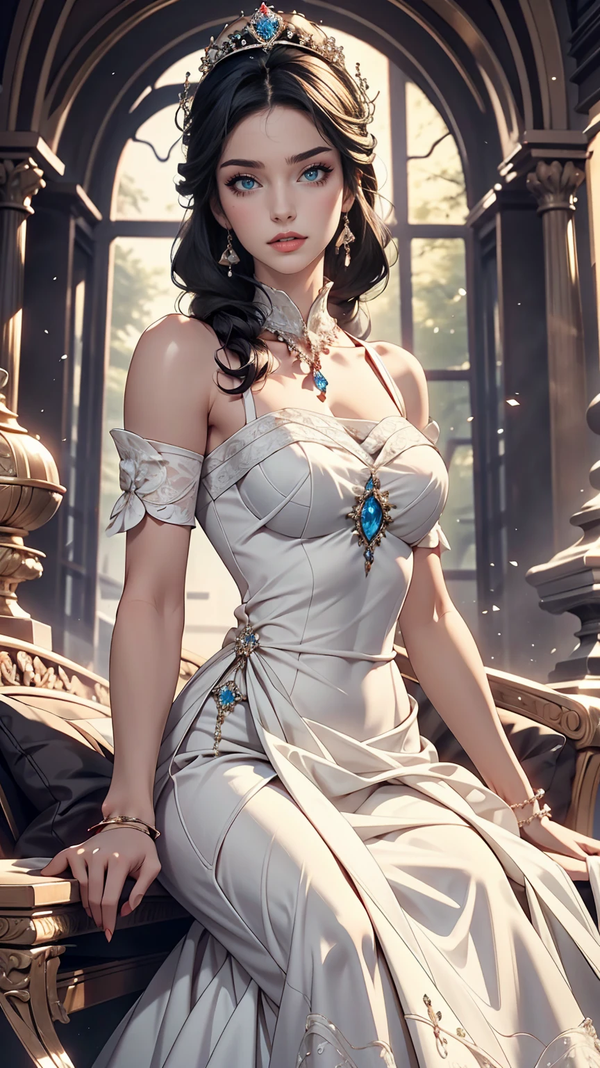 Beautiful young princess with black hair and blue eyes, She is wearing a beautiful long white dress