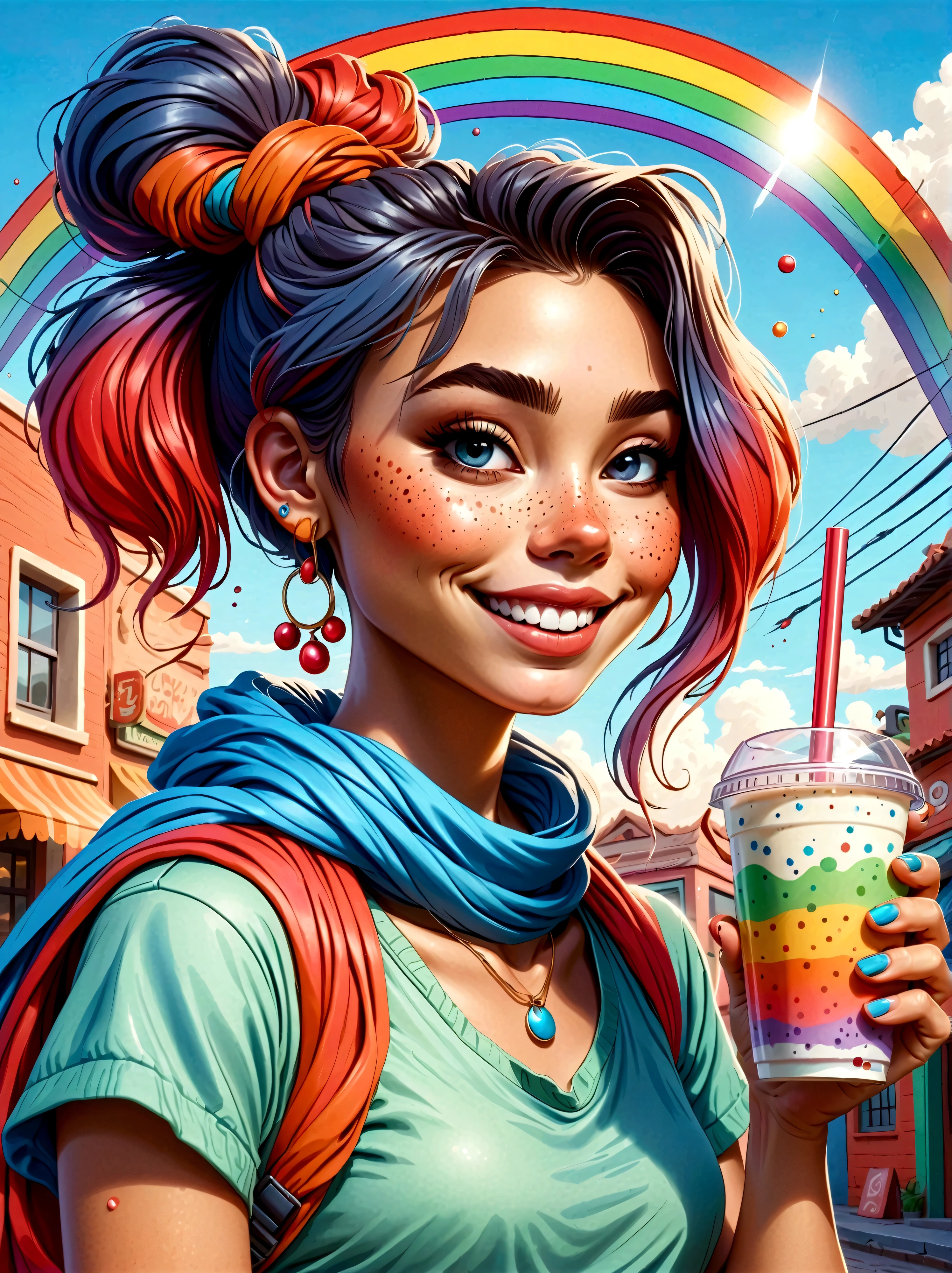 Cartoon hand drawn, 1girl, solo, Smile,Ponytail,wearing blue headscarf,Drinking milk tea,Wearing pearl earrings,Dopamine Color,The background is a rainbow,Colourful, Wearing bright blue and green square clothes,Holding electric weapons, The color palette is in red, orange and black tones and has a sketchy style, The background should have a simple hand-drawn doodle pattern
