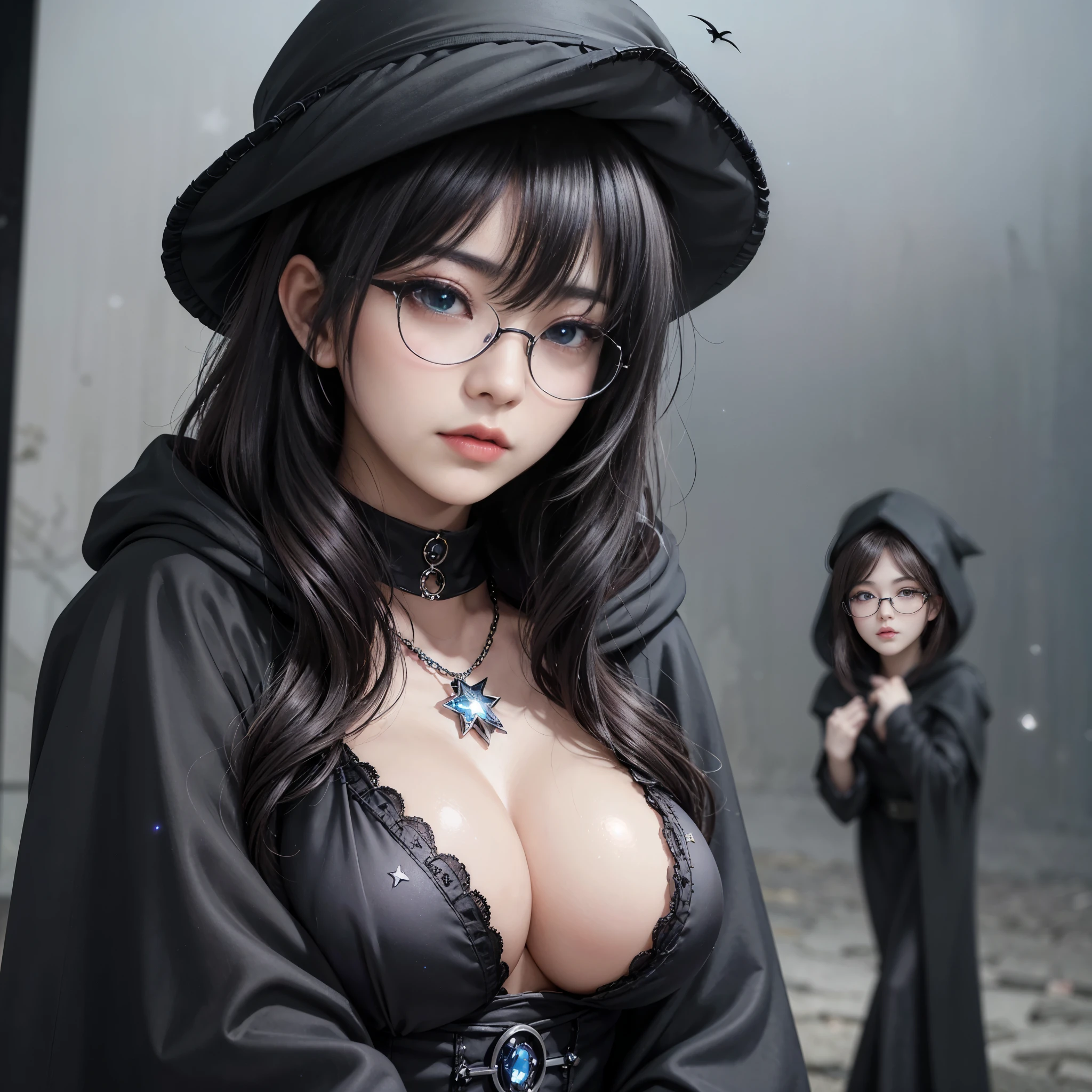 (Fatal Beauty,A charming villain,witch) ,(A supple and powerful physique),(Sensual charm),(Mysterious charm:1.1),(Captivating silhouette),((((Glasses))))、((((big sapphire necklace))))、(highest quality,High resolution:1.2),(dark,Threatening:1.1),((dark horror theme:1.5),(Thriller:1.5)),(Dark fantasy:1.5), (((Countless stars fly away:1.5),(Absurd:1.5),(wonderful:1.5))),Woman in a dress, (Powerful numbers:1.1),(((Big Breasts))),(((Muscular:1.1))), cute face, Sexy Face, , Very detailedなbeautiful女の子, (Ideal body type:1.8), Very detailed faceexpressive lips, (Very beautiful、Crisp big eyes:1.5), Fine skin., All features are shown in detail., The outline of the fingers is beautifully drawn....., The nose is precisely shaped., expressive lips, Perfect Anatomy,cute、Realistic、(Front view:1.4),(Face Focus:1.3), realistic girl rendering, 8k artistic german bokeh, Enchanting girl, Real Girls, Gurwitz, Gurwitz-style artwork, Girl Roleplay, Realistic 3D style, cgstation Popular Topics, 8K Portrait Rendering,(truth,truth:1.4),Sexy Body,( Very lean body:1.6),Sexy pose, blush, Attractive body, Very curly hair, Purple Curly Hair, very big hair, Very curly hair, prime color,Urban,Very detailed,masterpiece,Intricate details,Faded,Very detailed, Eye for details,Intricate details,Dark and spooky atmosphere, Spiritual Beings, Unforgettably beautiful, Ghostly figures, Shadow-like shape, Spooky whispers, Ominous Aura, Goth Maiden, Like dazzling fur in a starless haze,Her Mogul Snaps, Mysterious Cemetery,Black hair swaying in the moonlight, She summons darkness, (beautiful: 1.7), (Black Hat: 1.6), (An intricately decorated jet-black cloak: 1.6), (Delicately decorated cloak, Despite the damage: 1.5), Hypermaximalist, Breathtaking oil paintings, Surreal, Ultra-realistic digital illustrations that mimic the style of oil paintings, Wonderful configuration, (Shining Eyes:1.6)、(Glowing Eyes:1.1),(hellish landscape:1.1),(fire,sulfur:1.1),(Threatening atmosphere:1.1),(dark shadows,Threatening pre