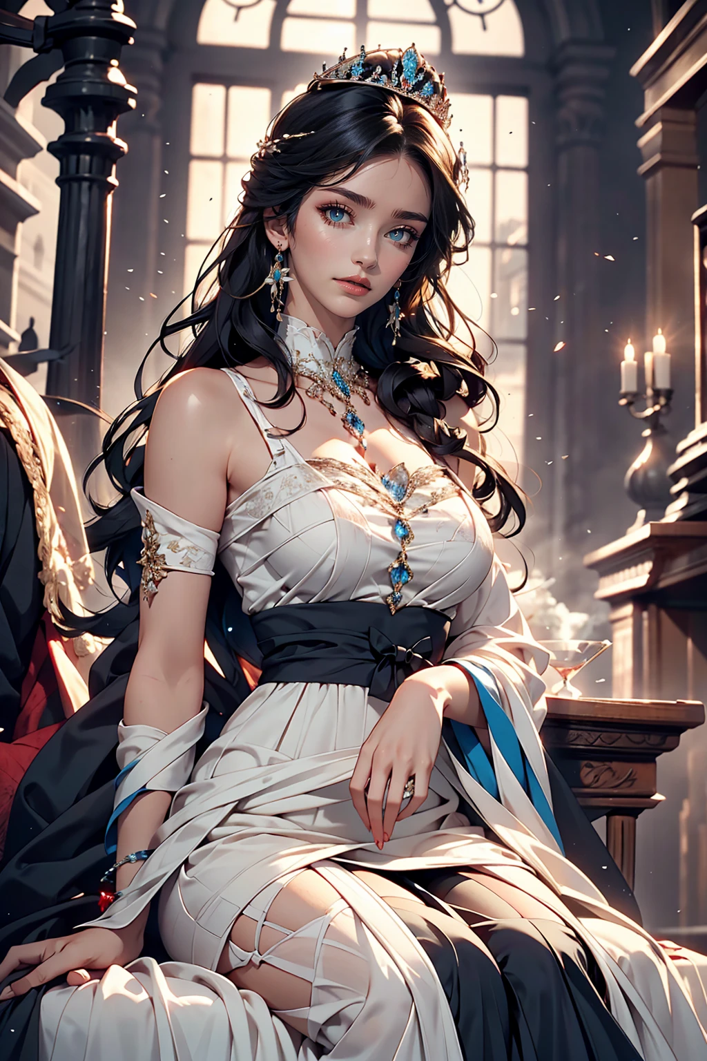 Beautiful young princess with black hair and blue eyes, She is wearing a beautiful long white dress