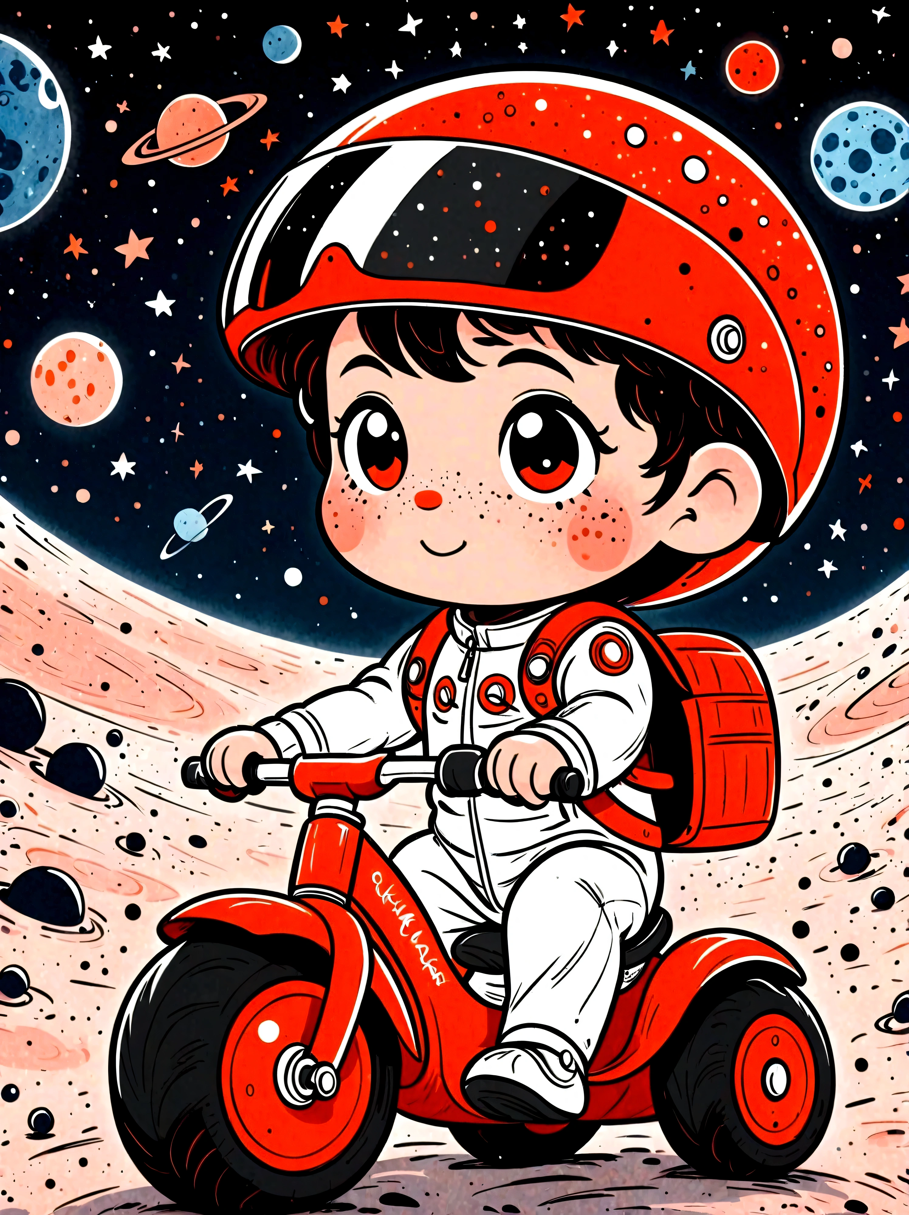 Cartoon hand drawn, Visually impactful Q-version image,The details are portrayed vividly, Wearing a black visor, Wearing a crisp white suit with red shoulder straps, The cute hero rides a children's tricycle with large grippy tires, Exploring the lunar surface, The background shows a stunning galaxy filled with stars and cosmic wonders, The color palette is in red, orange and black tones and has a sketchy style, The background should have a simple hand-drawn doodle pattern