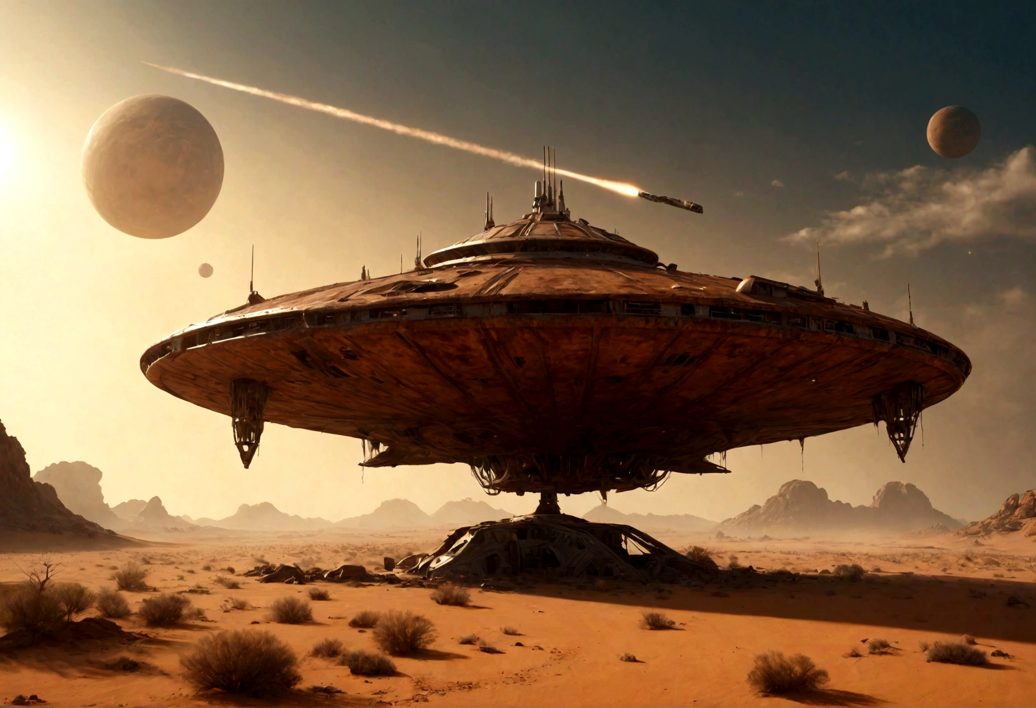 ((HEAVY ATMOSPHERE DESERT PLANET)), ((Alien spaceships)), abandoned alien spaceships, demolished years ago, rust on a desert planet with a heavy atmosphere filled with dust particles. Baja visibilidad. Humanos sobrevivientes deambulan en busca de agua. Hyper realistic scene, 4K, Professional cinematographic lighting. ((PROFUNDIDAD DE CAMPO INFINITA))