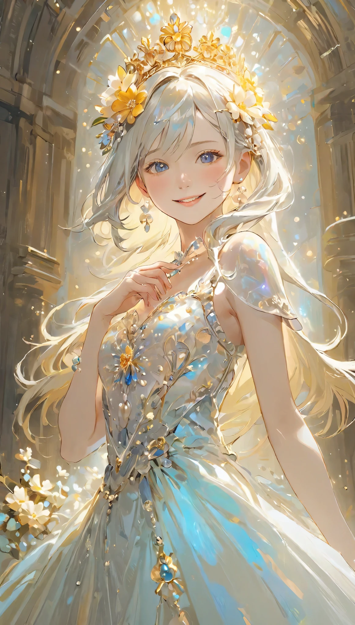 (masterpiece、highest quality、highest quality、Beautiful and beautiful:1.2)、(Excellent anatomy:1.5)、Focus on the eyes、Painting of a girl with milky white hair、Translucent Princess Dress、Jewelry Tiara，Beautiful smile、Looking into the camera、Diffuse reflection of light、Gold Flower，Silver Flower，Pearl Light