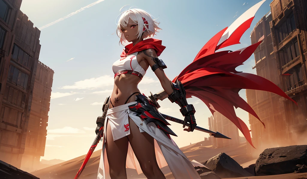 Girl with short white hair, black skin and tattoos，Transparent hood，Red and white sports bra，thong，transparent long skirt，，Scimitar，desert