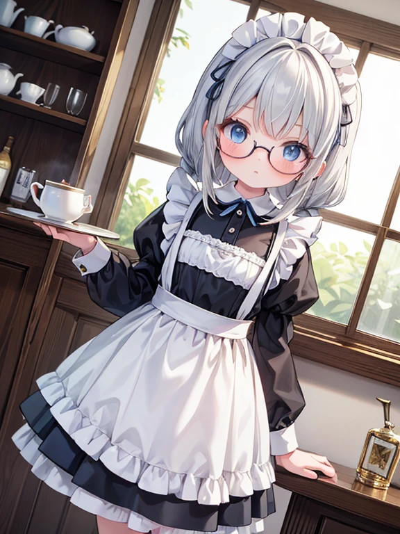 masterpiece, highest quality, Very detailed, 16k, Ultra-high resolution, Front blur, Dutch Angle, 9-year-old girl, blue eyes, Glasses, Silver Hair, Long Hair, Braid, Black maid outfit
