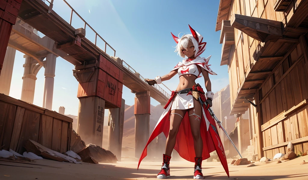 Girl with short white hair, black skin and tattoos,Transparent hood,Red and white sports bra,thong,transparent long skirt,,Scimitar,desert