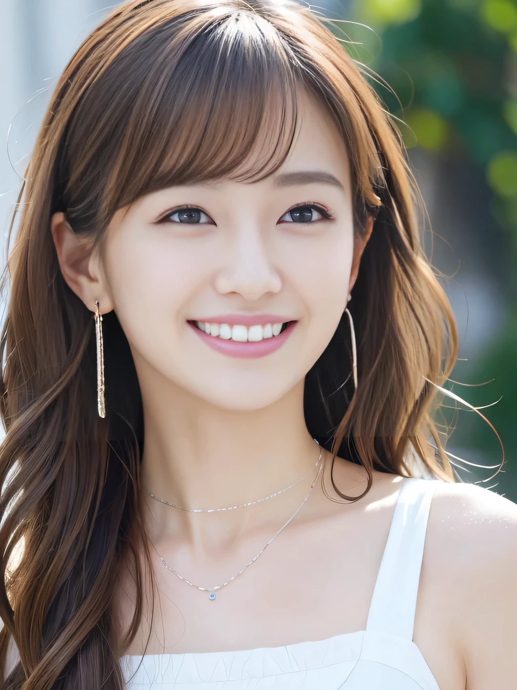 Ultra-high resolution, Superior Quality, highest quality, Very detailed, Realistic, 8k, RAW Photos, highest quality, masterpiece, Attractive girl, Awesome girl, Light brown hair、Wavy Hair、 hairstyle semi long、Mesh Hair, Japanese Idols, Ear piercing、Necklace around the neck、blouse,smile、Beautiful teeth alignment、
