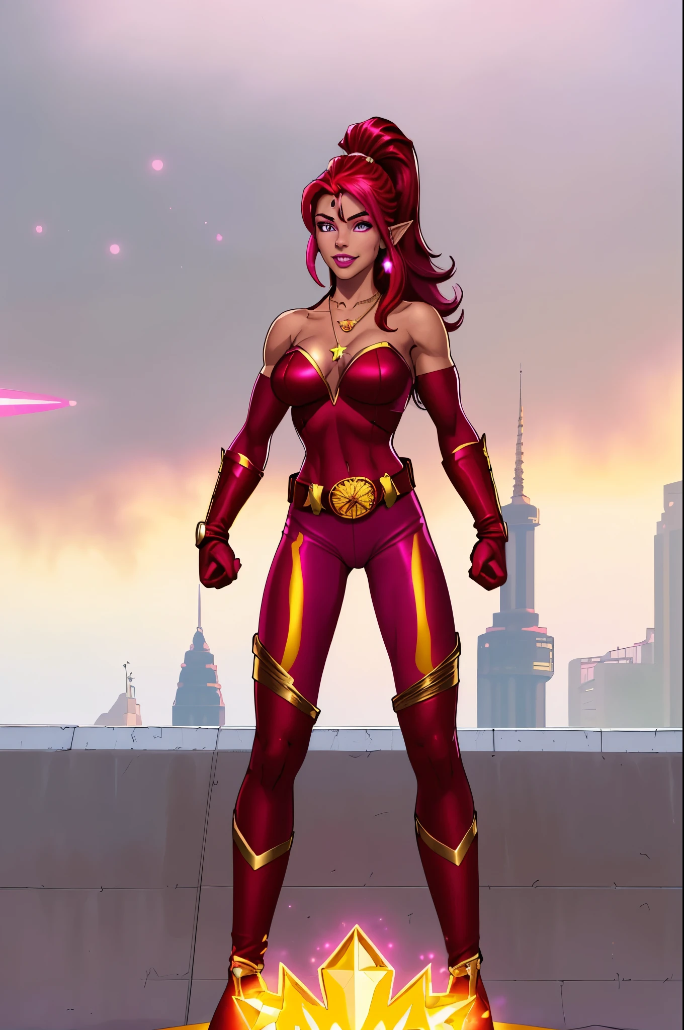 a caramel skinned superheroine, slim athletic body. She wears a bright red shirt and red leggings, lighter red highlights, thigh high boots, long gloves, ((gold belt)) with star shaped buckle, bare shoulders, necklace with star shaped pendant, red tear drop earrings. (vibrant magenta hair:1.3), long hair, high ponytail, red highlights, wearing goggles over eyes. (detailed eyes:1.2), (detailed face:1.3), smile, pink lips, pointed ears. City background. Full body image. standing heroic pose, fists to her side, (best quality,4k,highres:1.2),(detailed mouth and lips), (purple eyes, sharp eyes), round cheeks, (detailed hands), fists