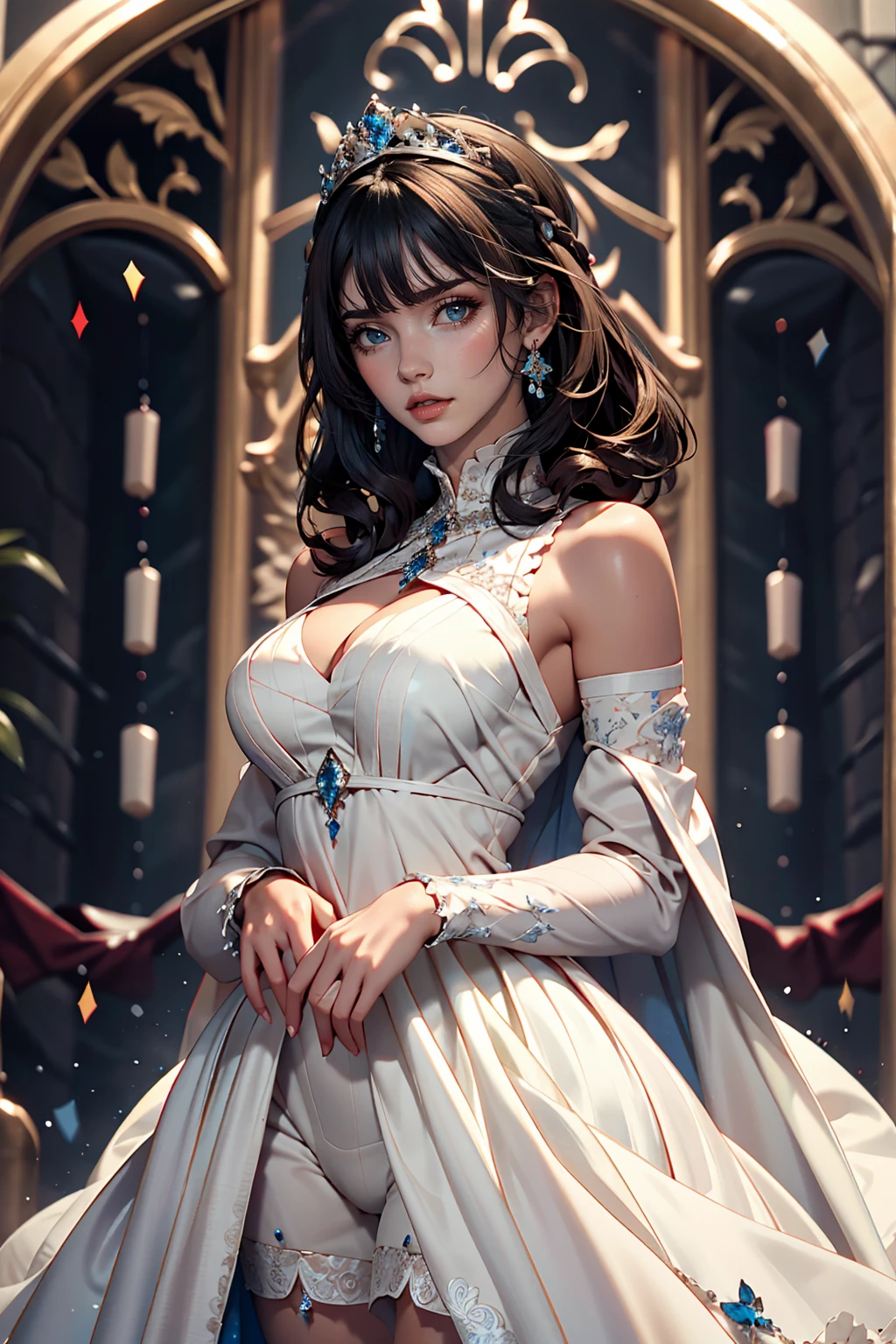 Beautiful young princess with black hair and blue eyes, She is wearing a beautiful long white dress