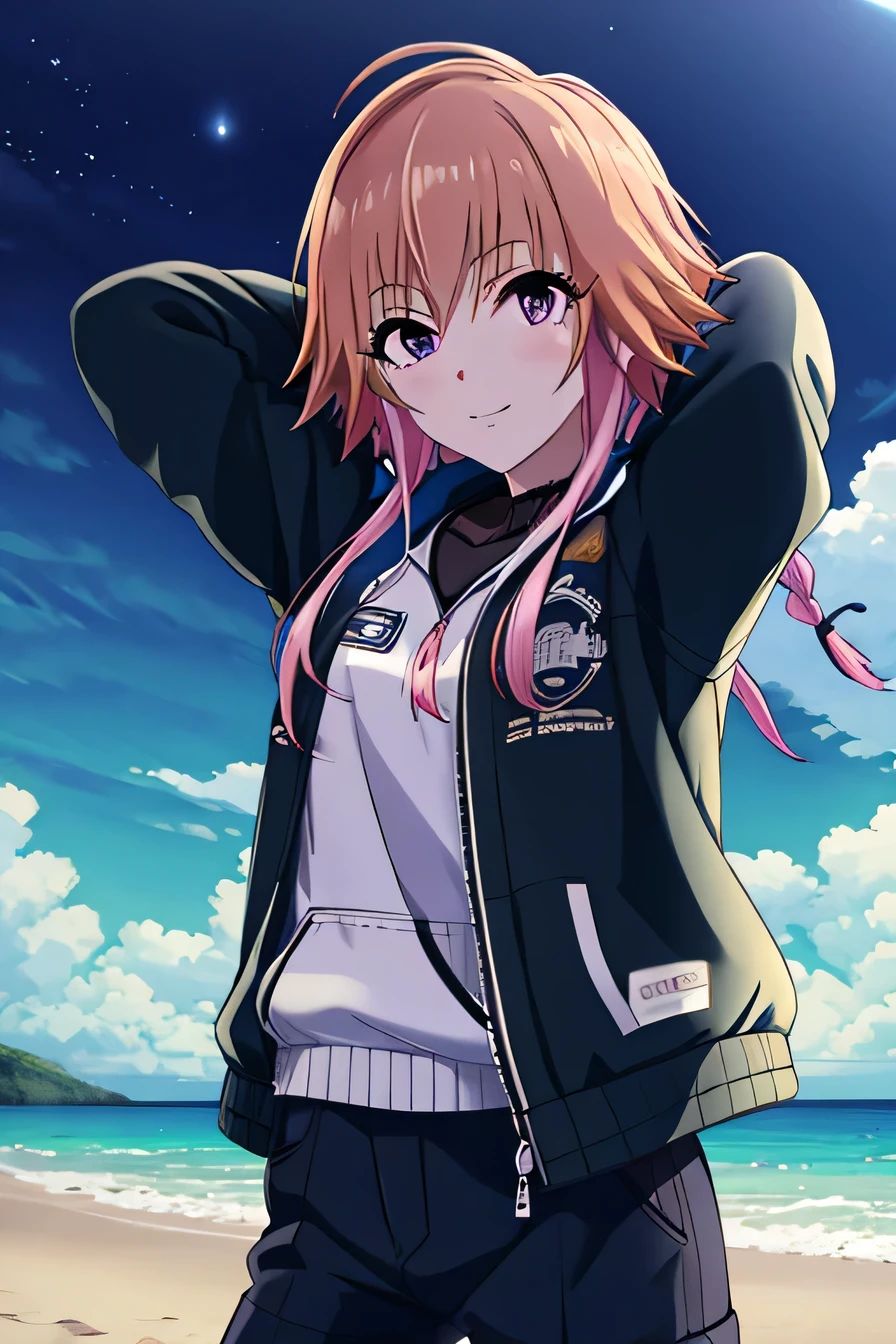 ninomiya asuka, masterpiece, best quality, ultra-detailed, solo,1girl, orange hair,long hair,bangs,twin braids,pink hair,purple eyes,black jacket,open jacket,hoodie,white short, (cowboy shot:1.5), beach, night sky, arms behind head, spread armpits, contrapposto, smile, closed mouth, looking at viewer,