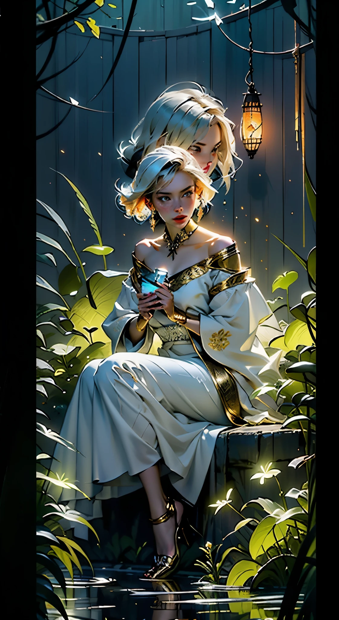 Three-dimensional oil painting on a rough canvas in the complex technique of a palette knife and wide smears patterns. digital painting Portrait of a lovely young woman with hands transforming Magic Fireflies, Translucent golden little Fireflies fly out of her hands, she is sitting on the floor, she is looking at you, breeze in the room, golden sparkles, dim lit simple background, concept art in complex mixed media 16K
