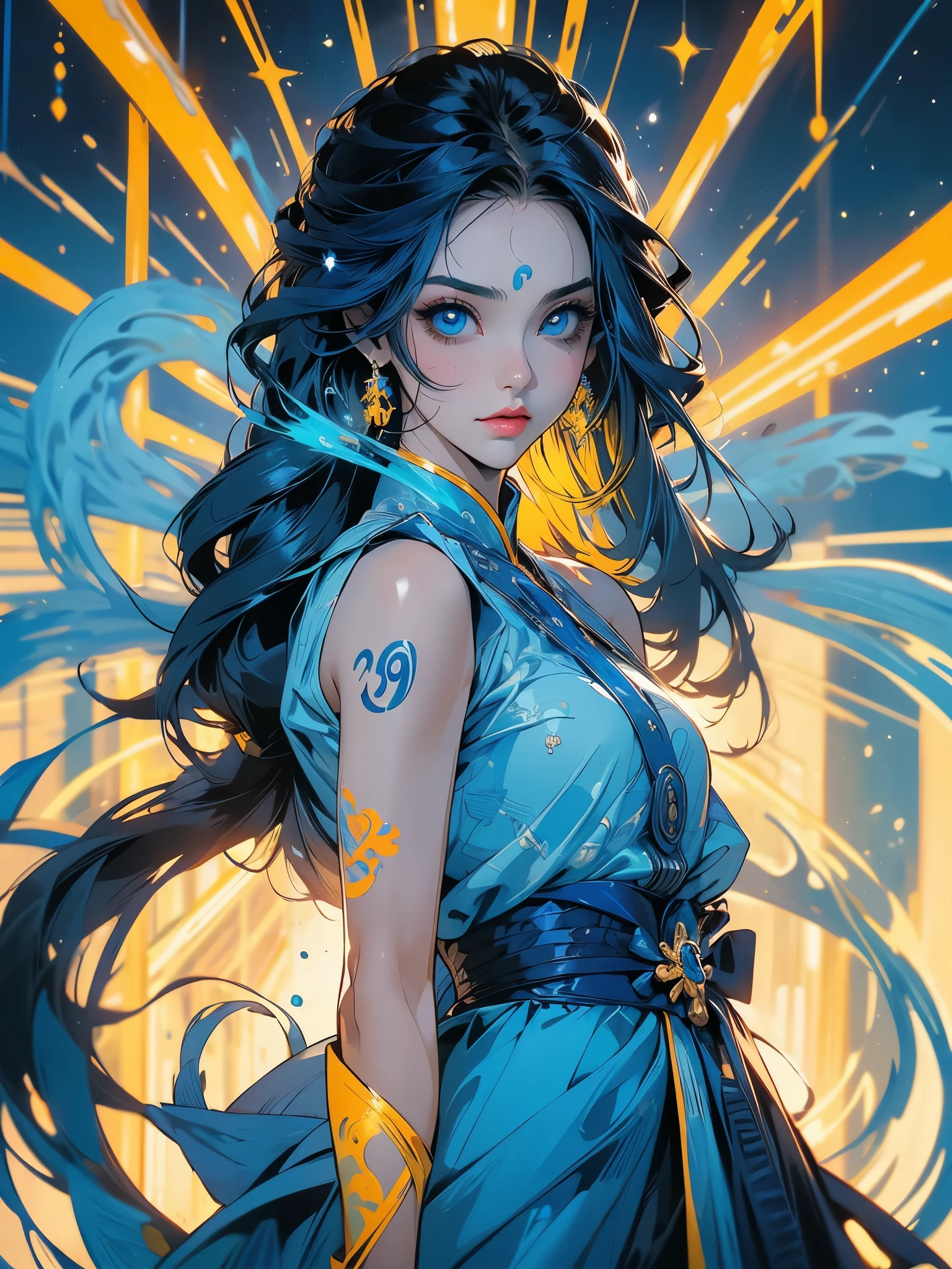 Mulher linda supermodelo com cabelo loiro, uma mecha de cabelo com um leve destaque, olhos azul-acinzentados, meio misto, paint does not dry, besouro joia, fundo colorido, liquid color flowing on your face, fotografado por Jingna Chang. --v 6, (((corpo inteiro, olhos heterocromicos, um olhos azul o outro amarelo)))