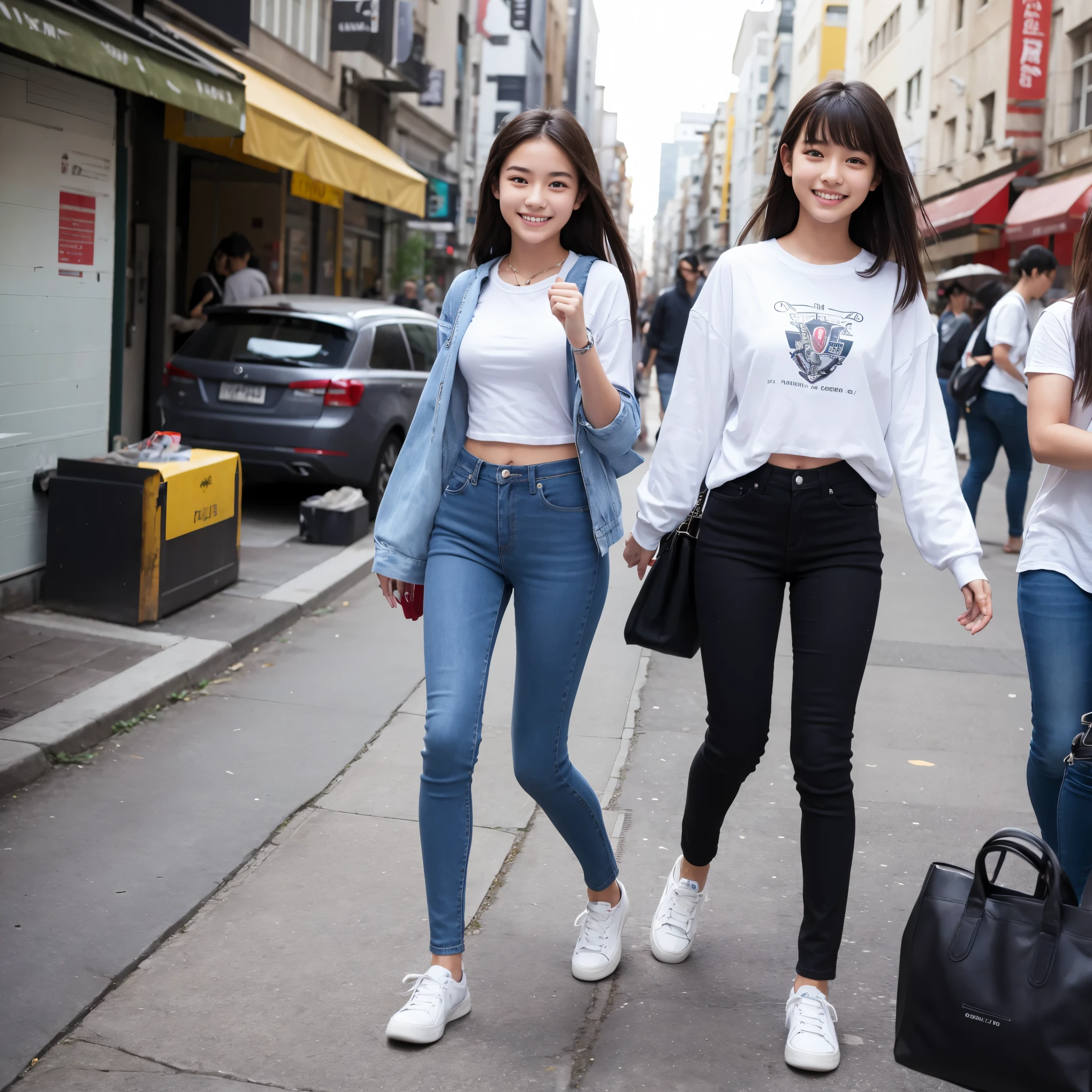 A 16-year-old girl wearing skinny pants、Approaching with a smile