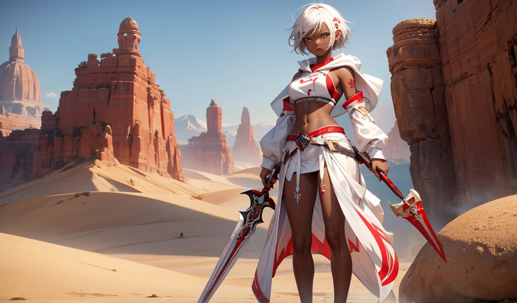 White short-haired, dark-skinned, flat-chested girl,White forehead protector,veil,Red and white sports top,thin waist,Bare waist,Tattoo,Black briefs,Transparent skirt,Bare arms,thigh,Scimitar,Standing,desert